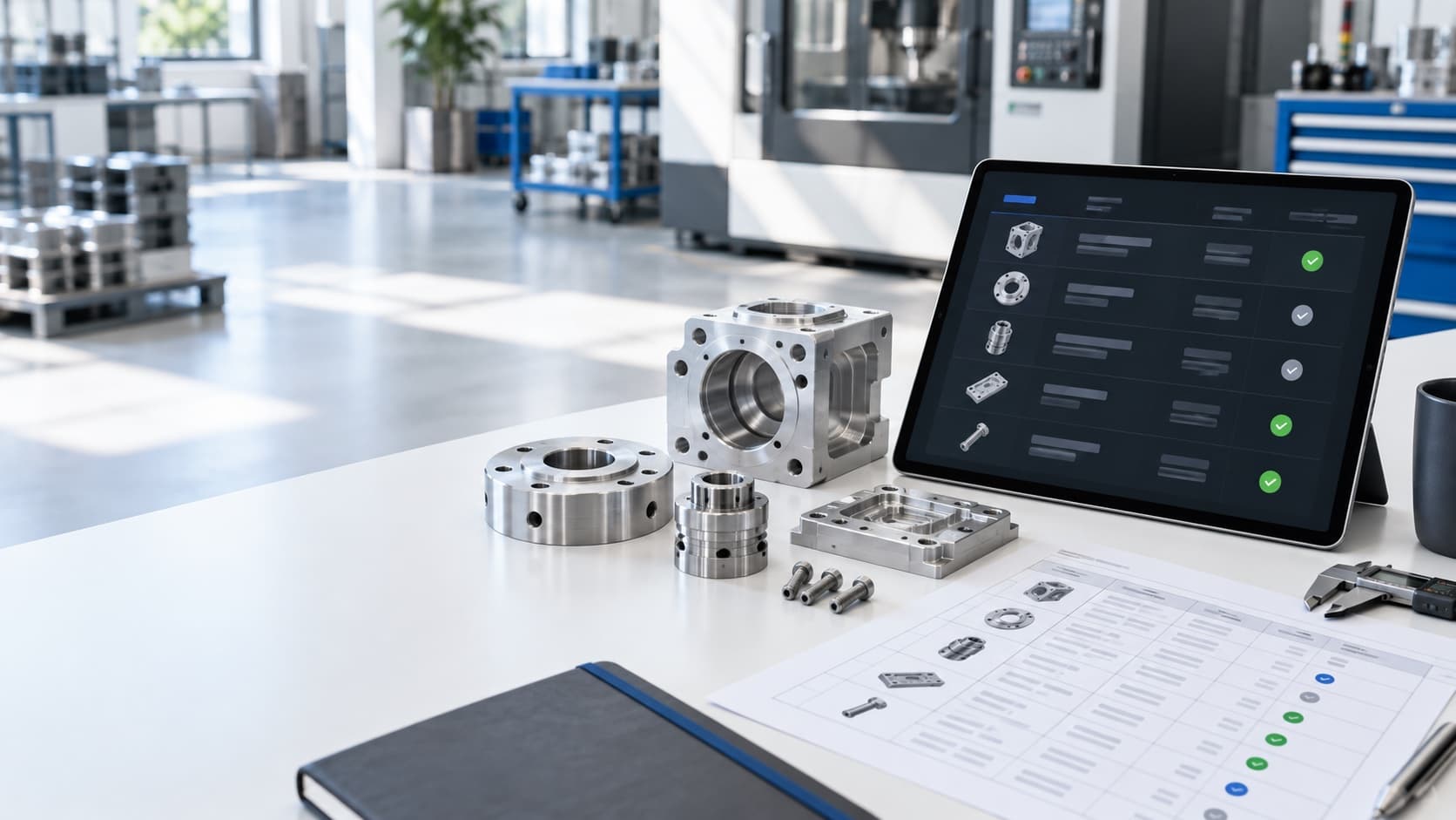 Precision components, a bill of materials, and supplier quotes in a modern manufacturing workspace